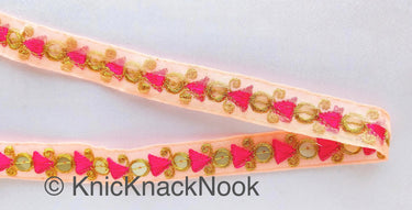 Peach Tissue Fabric Trim with Pink & Gold Embroidery With Gold Sequins, , Lace Trim By 2 Yards Indian Decorative Trim